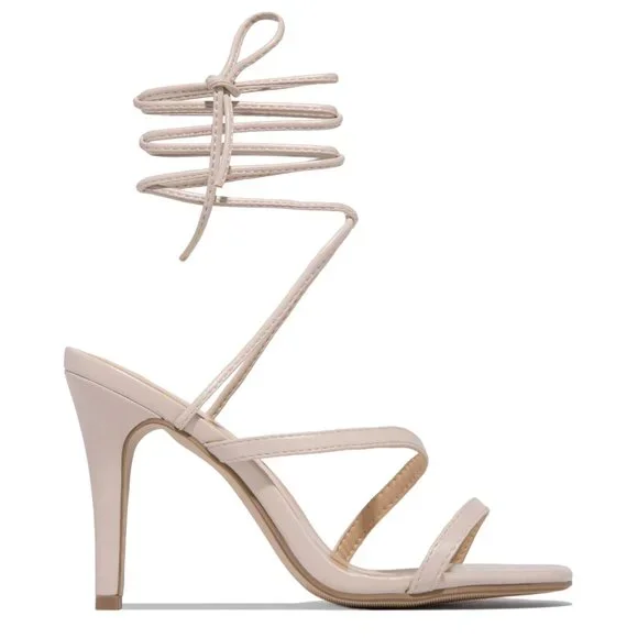 NEW Strappy Ankle Lace-Up High Stilettos Heel Barely There Sandals Shoes Bone - Picture 10 of 13